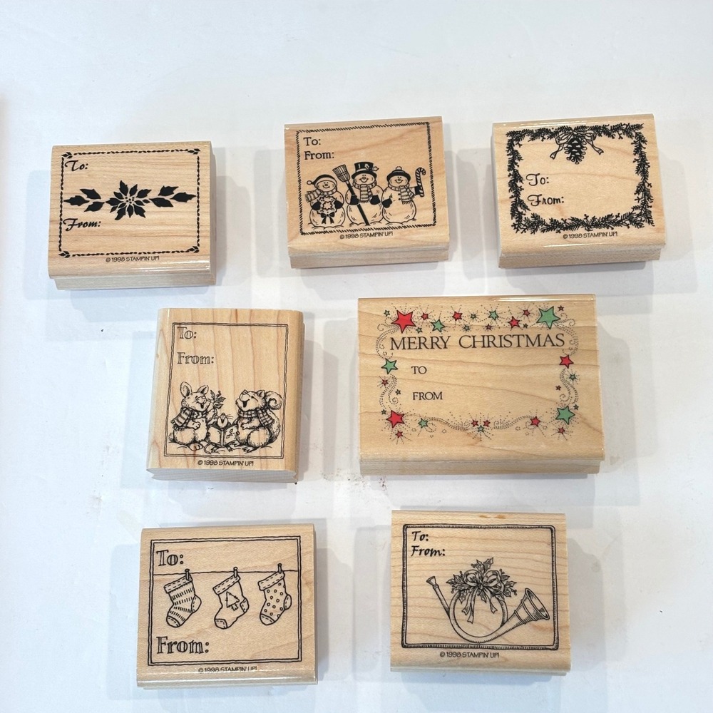 Stampin' Up Hero Arts Stamps Wood Christmas Holiday To From Gift Tag Set Lot Vtg